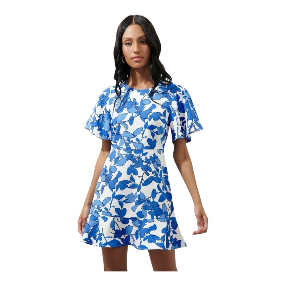 Addison Blue & White Floral Fit & Flare Mini Dress, Size M